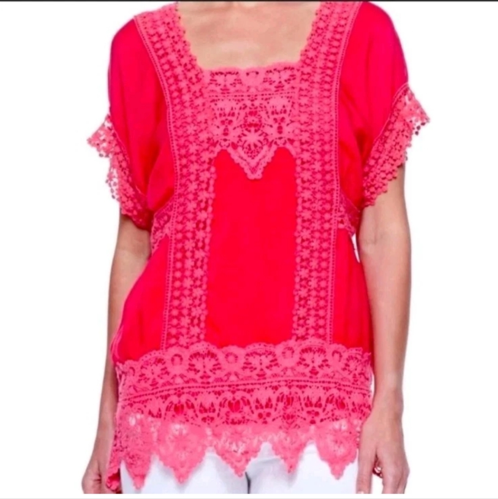 Johnny Was Boho Crochet Lace Georgette Top Woman XXL Crinkle Barbie Pink Coastal